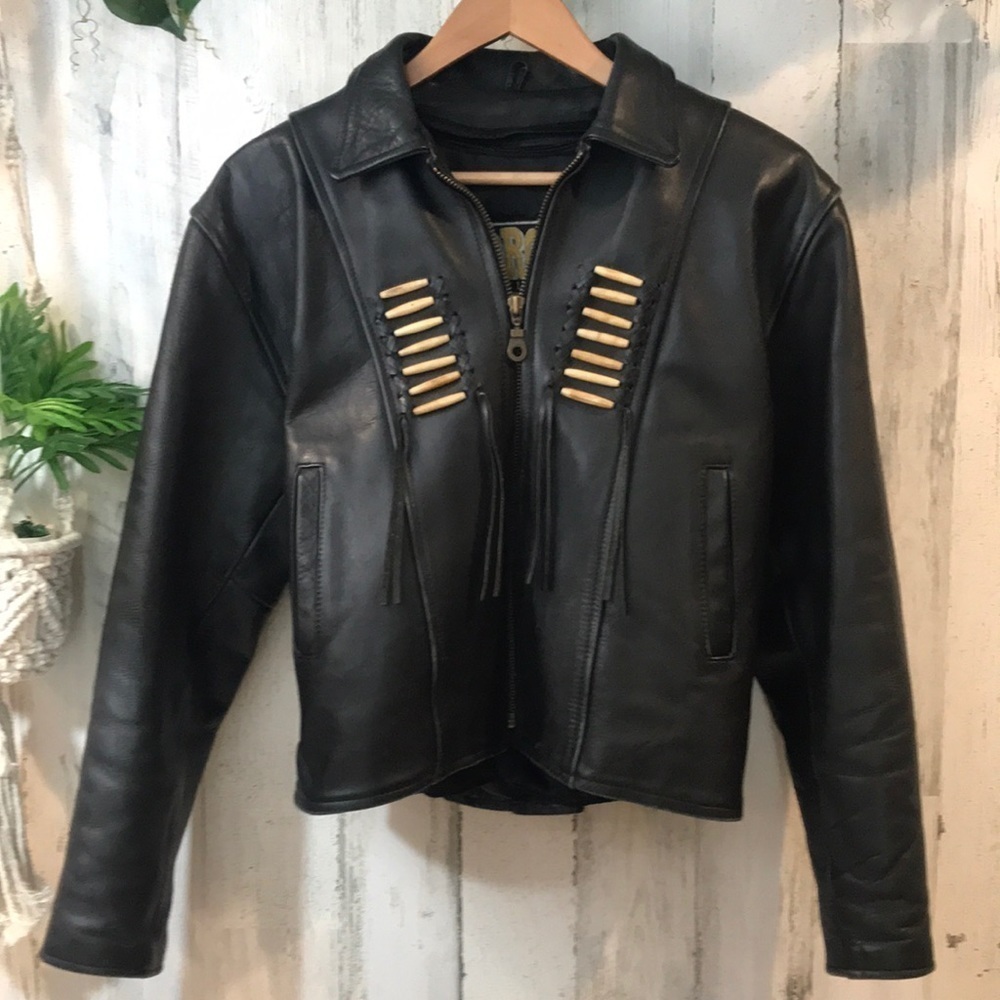 FORCE Women's Genuine Leather Biker Motorcycle Jacket Beaded Black Size 14